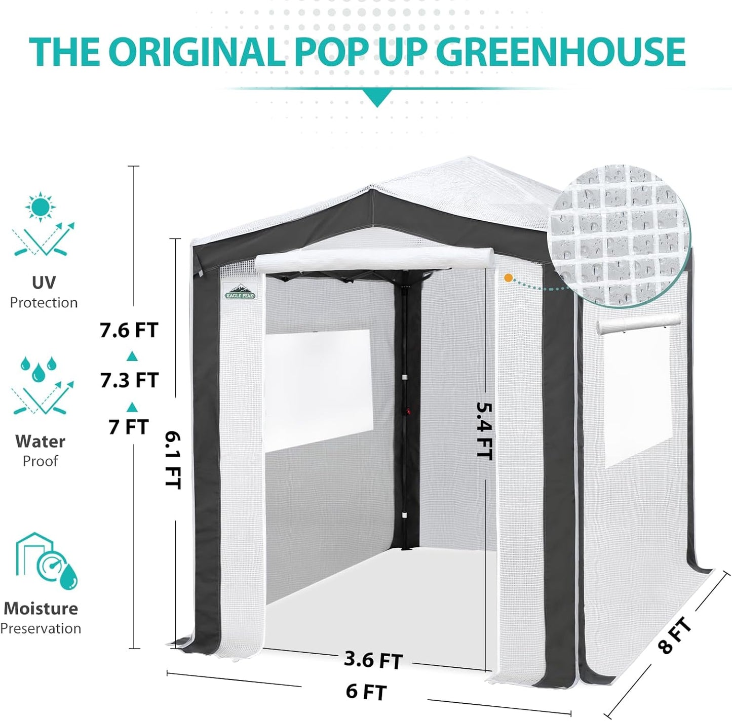 EAGLE PEAK 8x6 Portable Walk in Greenhouse with Polyester Reinforced Corners, Instant Pop Up Indoor Outdoor Gardening Green House, Roll Up Zipper Entry Doors and Mesh Windows, Gray/White