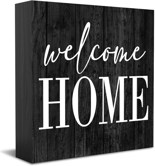 HTBIG Welcome Home Sign Home Decor Desk Decor Wooden Box Sign Rustic Black Wood Block Plaque Box Sign for Women Family Friends Farmhouse Living Room Kitchen Bedroom Shelf Table Decoration