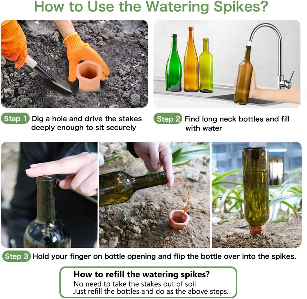 REMIAWY Plant Watering Devices - Terracotta Vacation Self Plant Waterer Spikes Wine Bottle Stakes Slow Release Devices for Indoor Outdoor Plants (8 Pack)