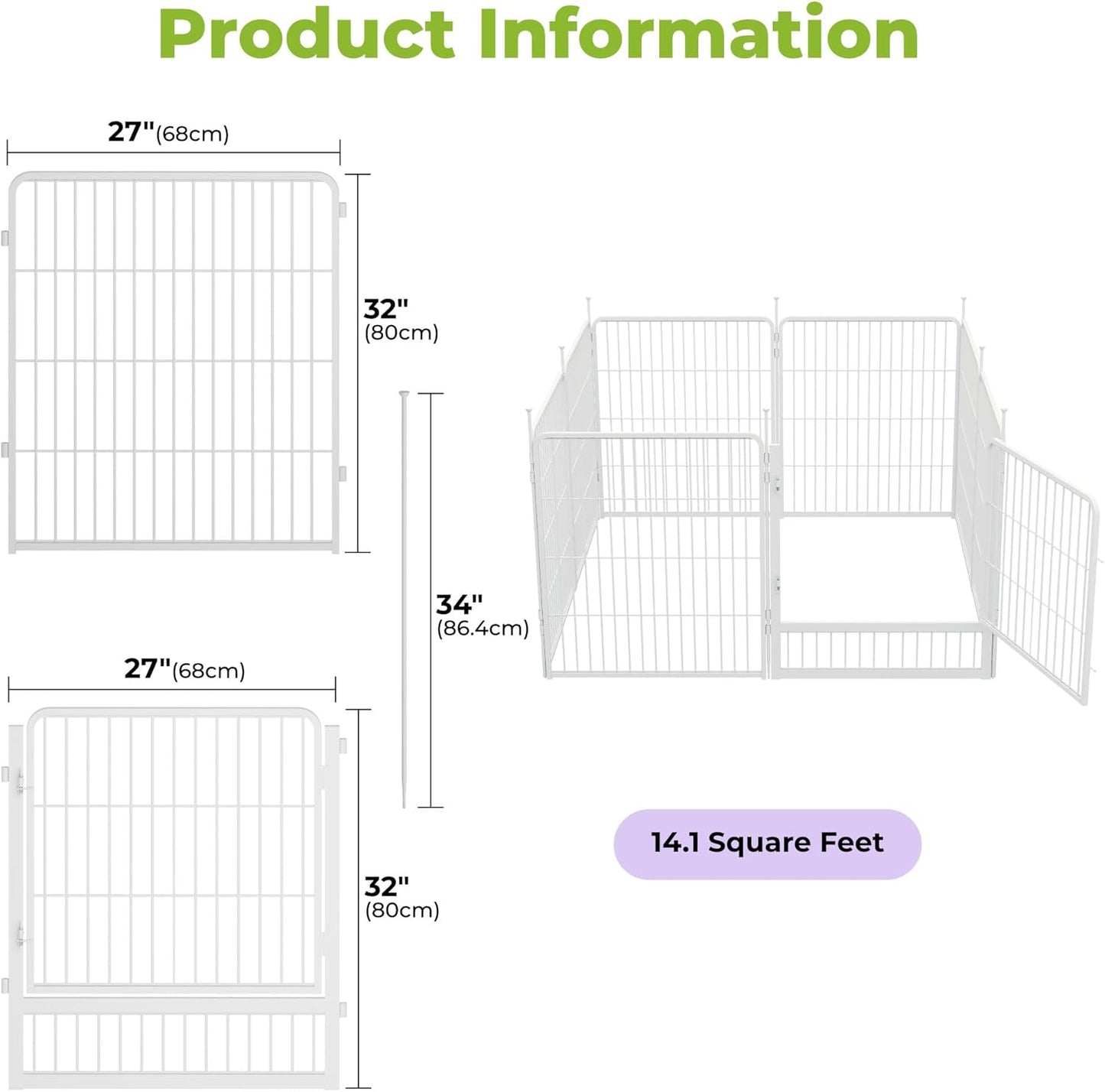 Decorative Garden Fence with Gate 32 in(H) x 17.8 ft(L) 8 Panels, Heavy Duty Metal Animal Barrier Fence for Yard, Flower Bed Fencing, Garden Border Fence, Easy Set Up, White