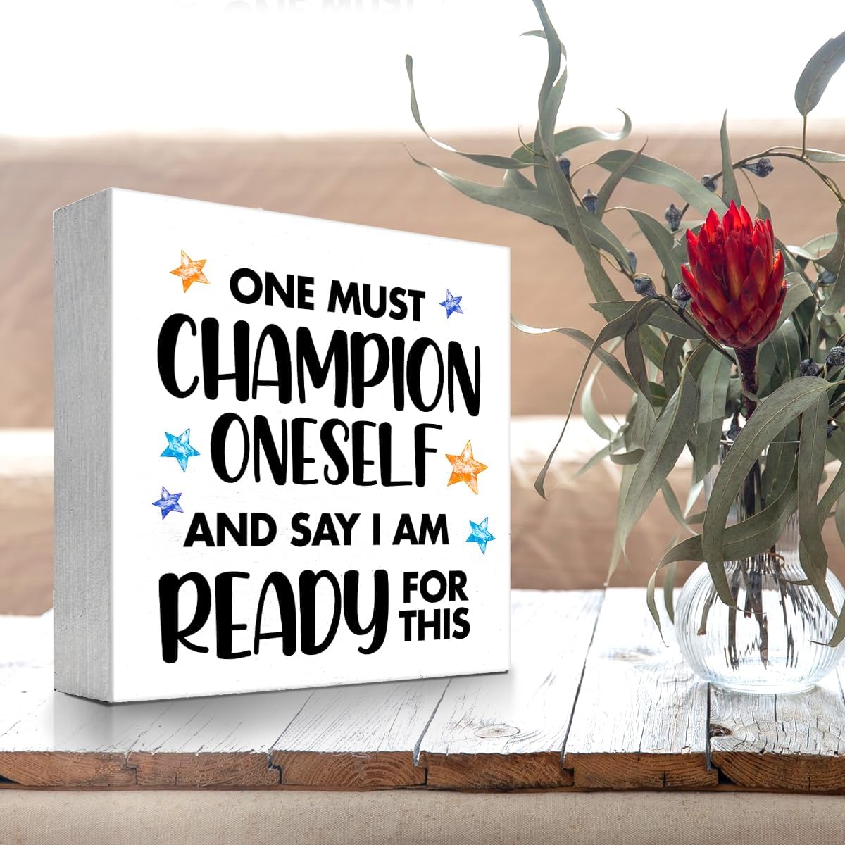 Inspirational Wood Sign One Must Champion Oneself and Say I am Ready for This Wood Block Box Plaque Sign for Home Office Shelf Desk Table Decorations