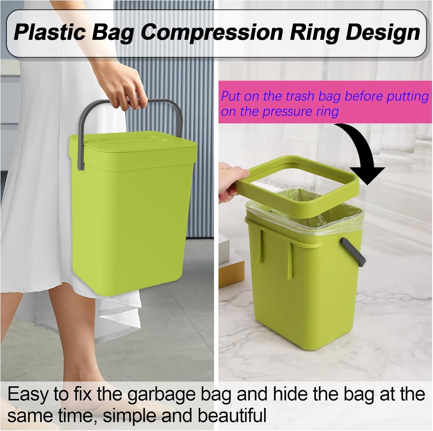 Compost Bin Kitchen, for use on Countertops or Under Sinks, Hanging Trash Can with Lid, for Cupboard/Bathroom/Bedroom/Office/Camping, Mountable Indoor Compost Bucket(Green 0.8 Gallon/3L)