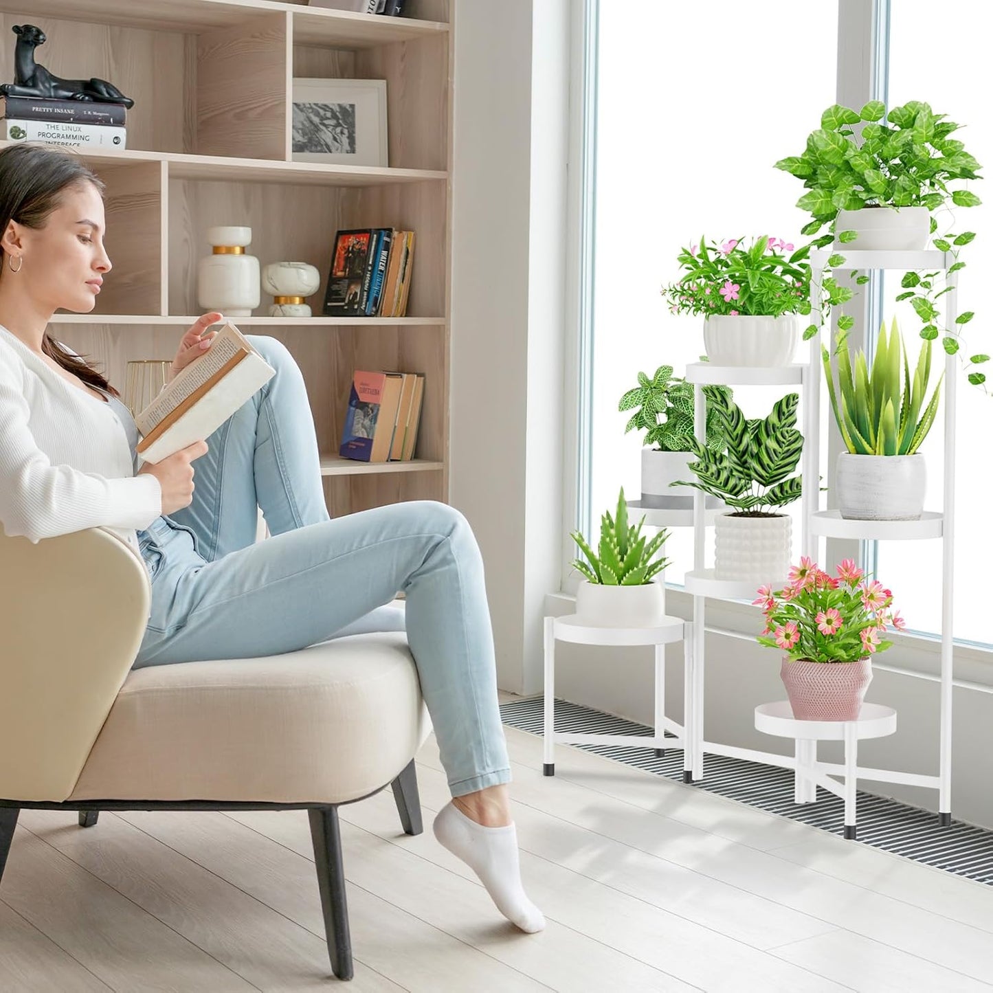 iDavosic.ly Plant Stand Indoor Outdoor, 8 Tier Corner Metal Flower Display Holder Shelf, Folding Tall Orchid Rack for Patio Balcony Porch Garden Living Room House, White