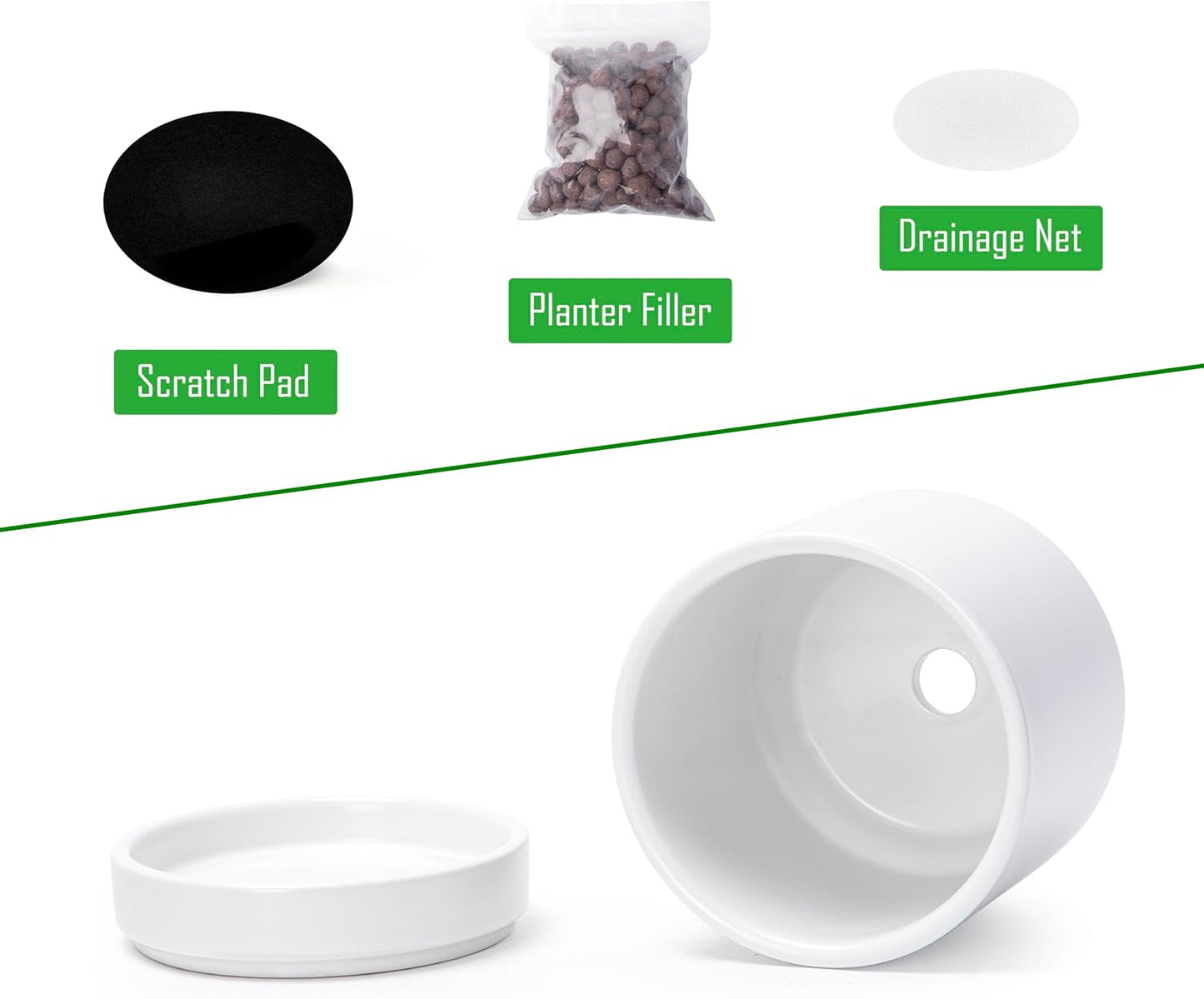 D'vine Dev Set of 2 Plants Pot, 4.7 Inch Ceramic Planter Pot for Plants with Drainage Hole and Saucer, White, 94-V-B-1