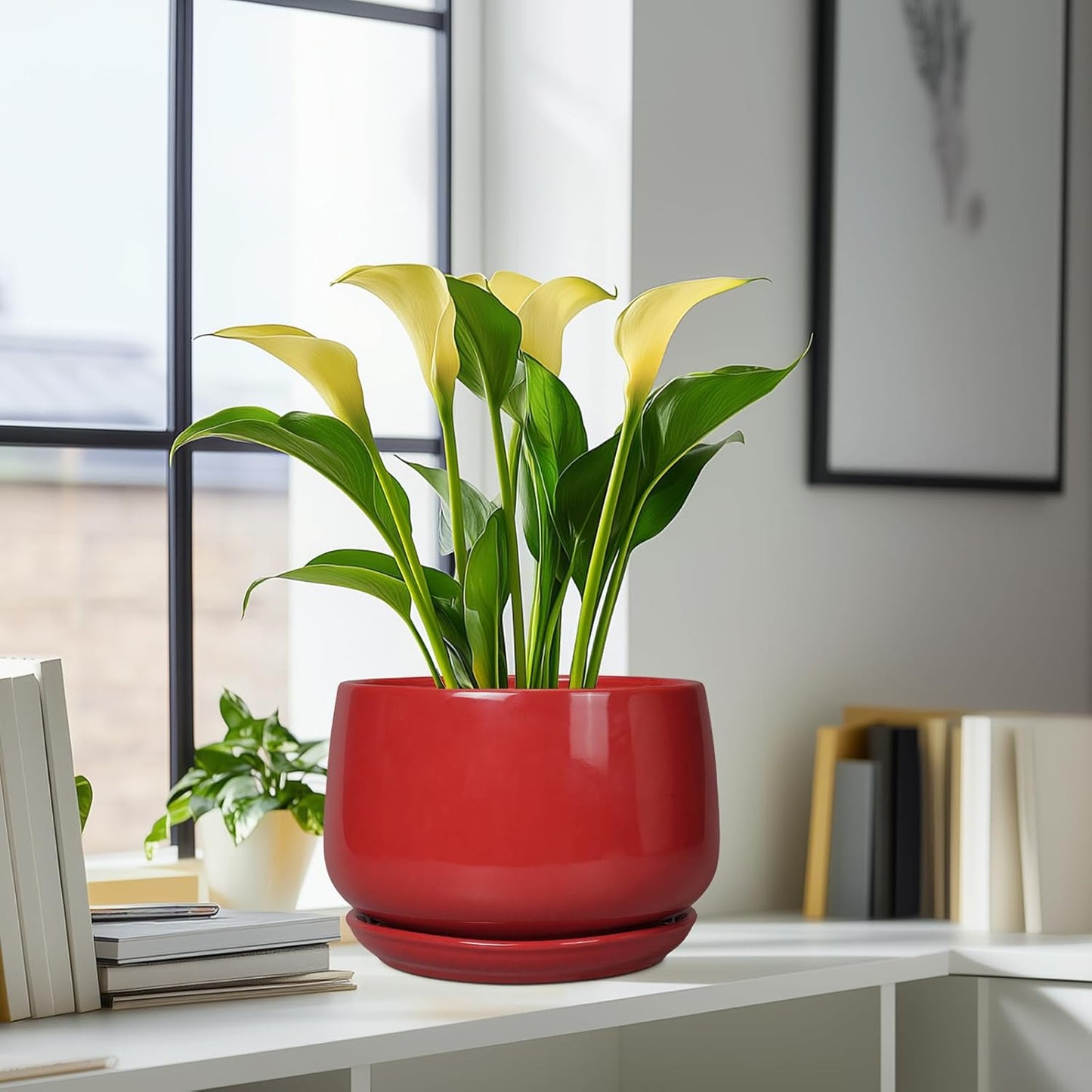 G EPGardening Ceramic Plant Pots - 9 Inch Flower pots for Indoor Outdoor Plant, Round Planter with Drainage and Saucer, Modern Home Decor, Gift for Women Men, Red