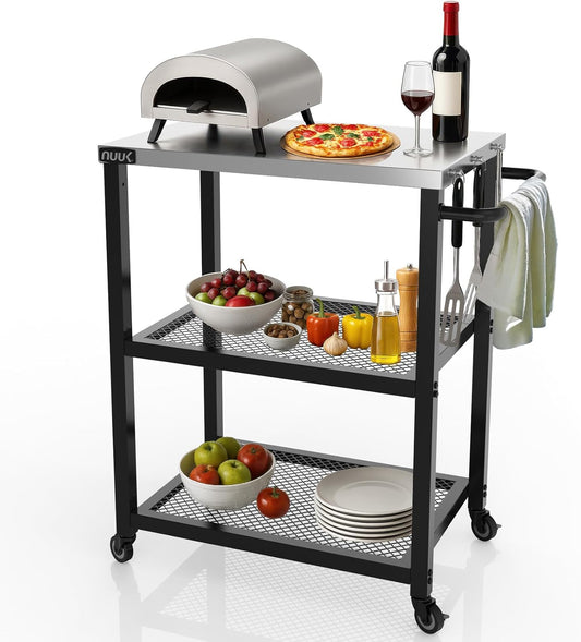 NUUK 3-Shelf Grill Cart 16" x 24" Outdoor BBQ Table with Stainless Steel Top Rolling Pizza Oven Carts for Outside Dining Tables