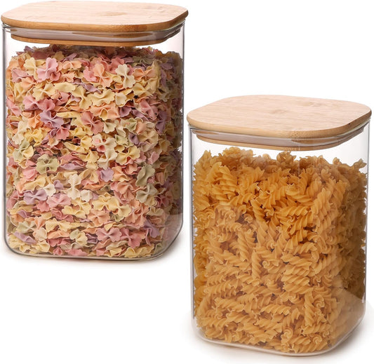 Glass Food Storage Jars 108oz Set of 2,Glass Storage Containers Clear Glass Food Canister with Bamboo Lid Airtight For Serving Tea, Coffee, Flour, Sugar, Candy, Cookie, Spice and More (Square)