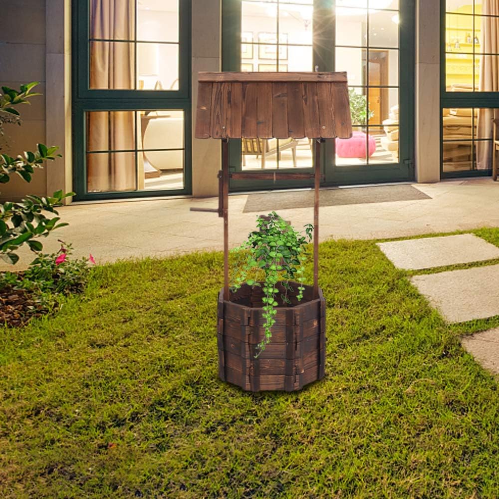 Wooden Wishing Well with Hanging Bucket, Outdoor Rustic Wishing Well Planter for Flowers and Plants, Well Covers for Yard, Garden Decor for Outside