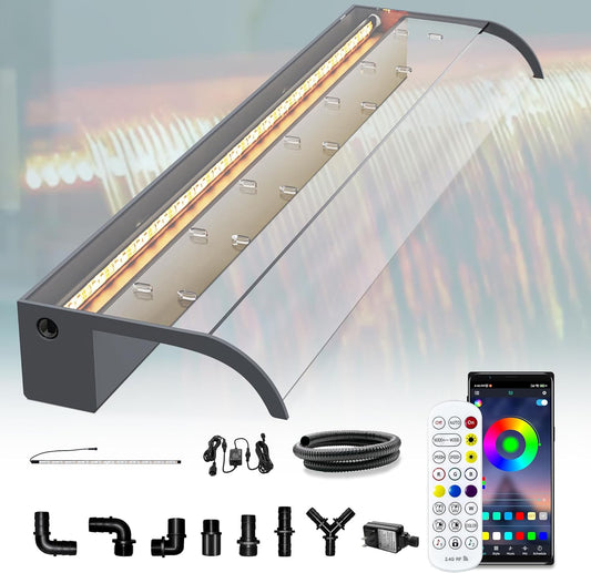 Pool Fountain, LONGRUN Waterfall Spillway for Koi Ponds - 35.4" Transparent Acrylic Waterfall for Swimming Pool, Garden Pond, Patios, Spa Decoration