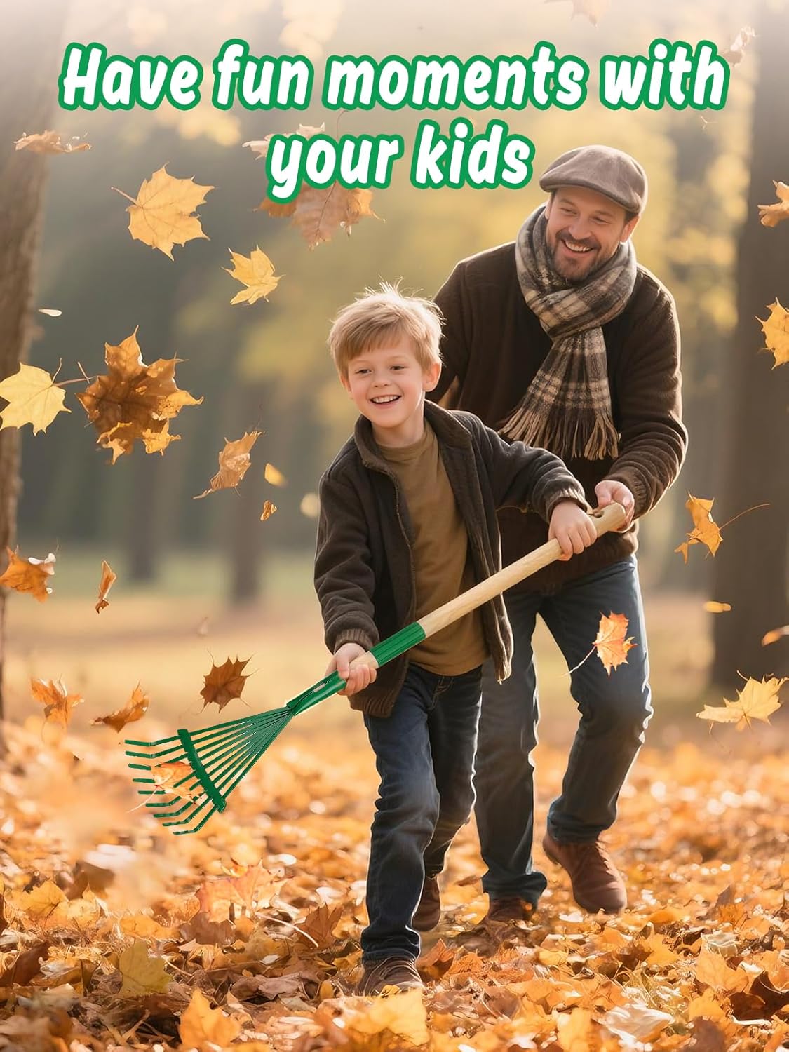 Kids Friendly Rakes for Leaves - 28" Child Size Small Rake with Durable Metal Head & Hardwood Handle, Real Lawn Garden Yard Tools for 3+ Years Kids Enjoy Helping Work Gifts (Green)