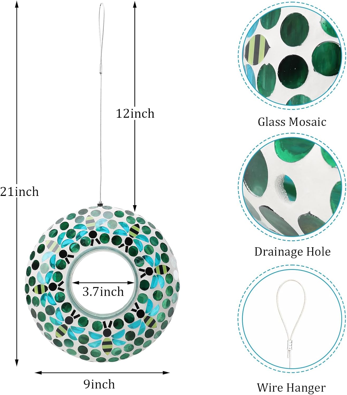 Yinns Bird Feeder - Fly Through Hanging Glass Large Bird Feeders for Outdoors Circle Wild Bird Mosaic Feeders Seed Container 9 inch