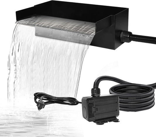 Pond Waterfall Kit for 2000 Gallon Ponds – Waterfall for Pond Kit Include 12.2" Stainless Steel Spillway Box, 55W 900GPH Pump & 10FT Tubing | Ultra-Quiet, Easy Install