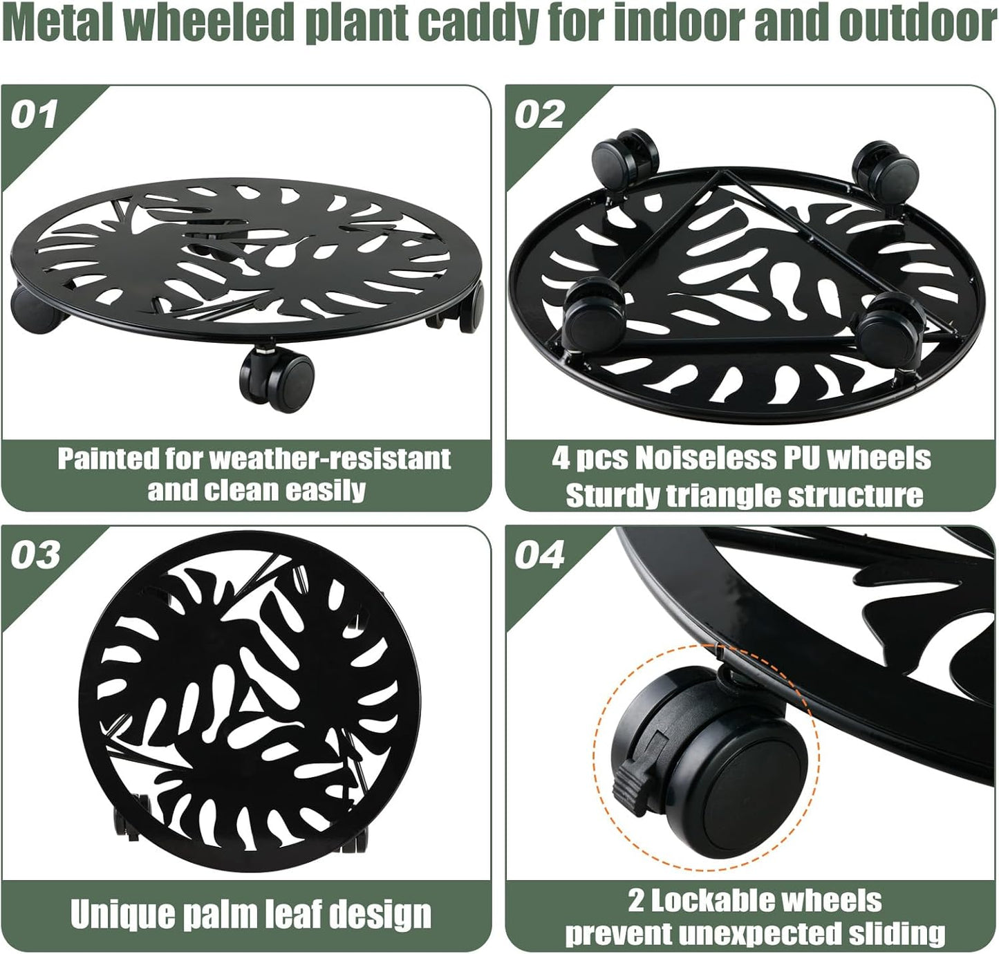 3 Packs Metal Plant Caddy with Wheels 13” Rolling Plant Stands Heavy-duty Wrought Iron Plant Roller Planter Movers Indoor Outdoor Wheeled Plant Dolly with Casters Tray Coaster, Black palm leaves