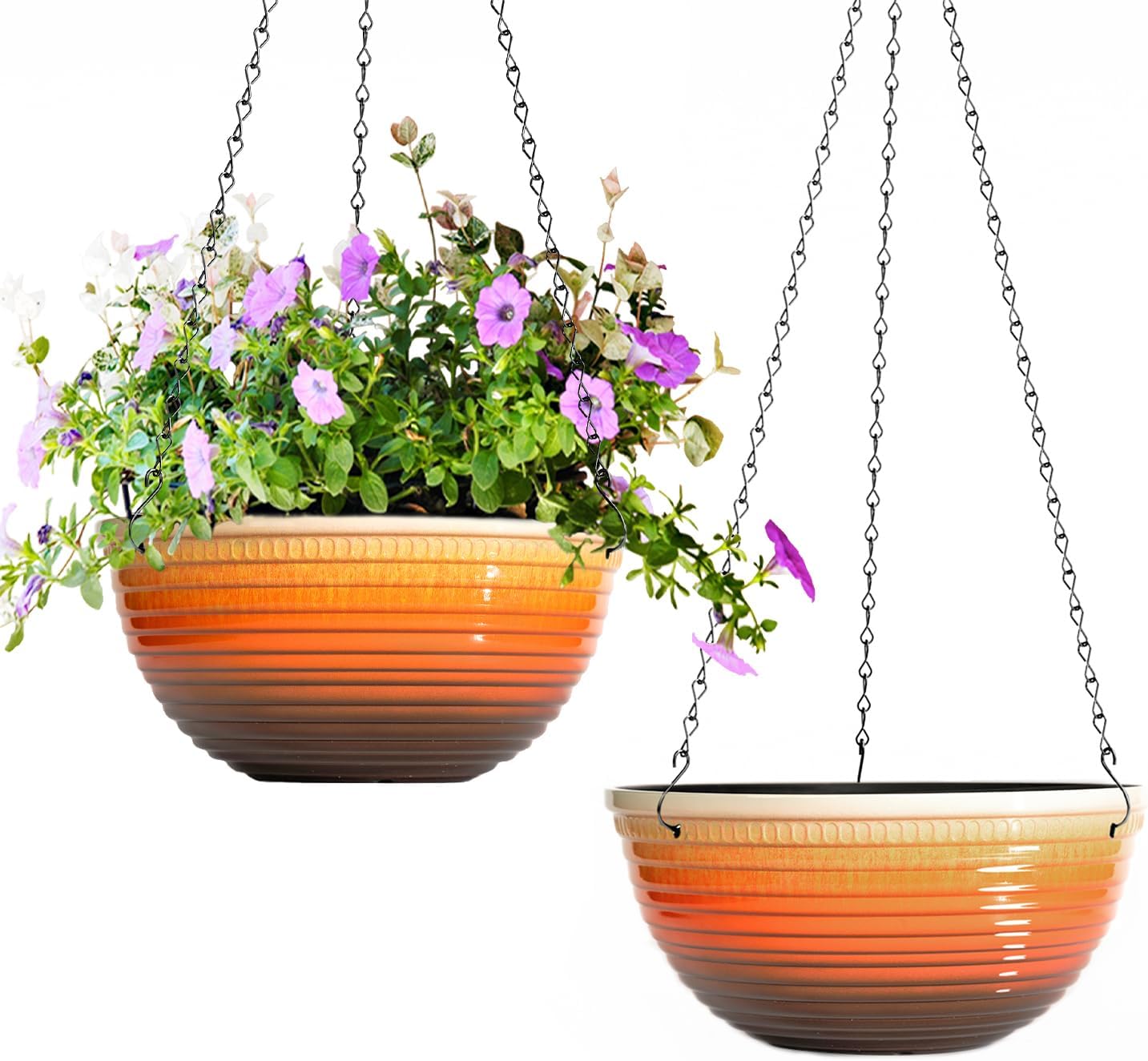 2 Pack Hanging Planters for Indoor Outdoor Plants, 10 Inch Hanging Planter with Drainage Hole & Plug Glazed Hanging Baskets Flower Pots for Garden Home, Orange