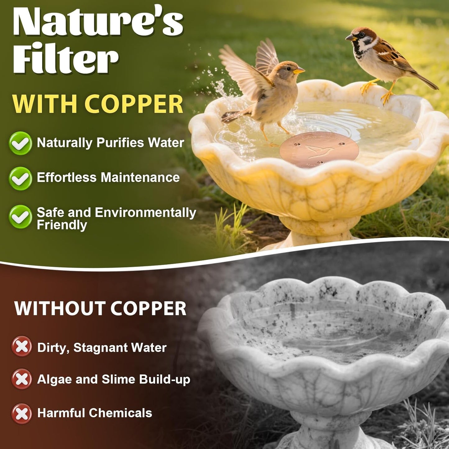 1PC Bird Bath Copper Disk,1mm Thick Reinforced 99.99% Pure Copper Disc with Triple-Point Support,Bird Bath Accessories for Outside Birdbaths Bowls Physical Safe Water Cleaner for All-Season Use