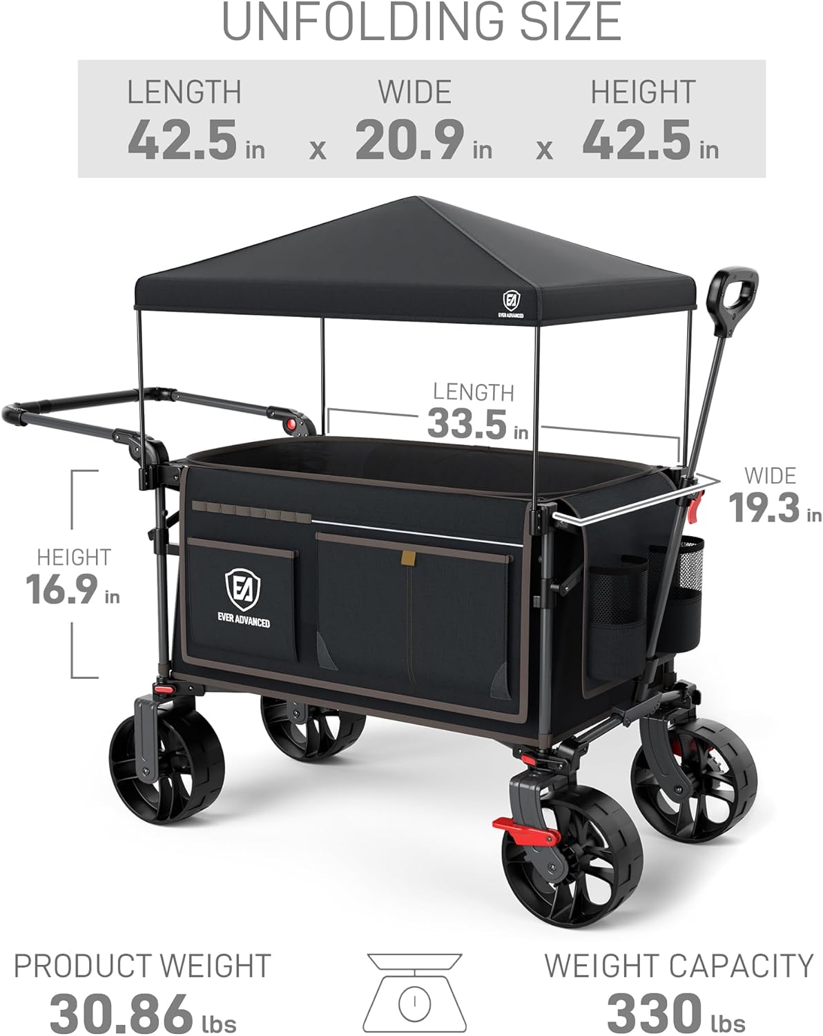 EVER ADVANCED Folding Push Wagon with Canopy, Portable Shopping Cart with Brakes, Collapsible Wagon Cart with All-Terrain Big Wheels for Camping, Beach, Sports
