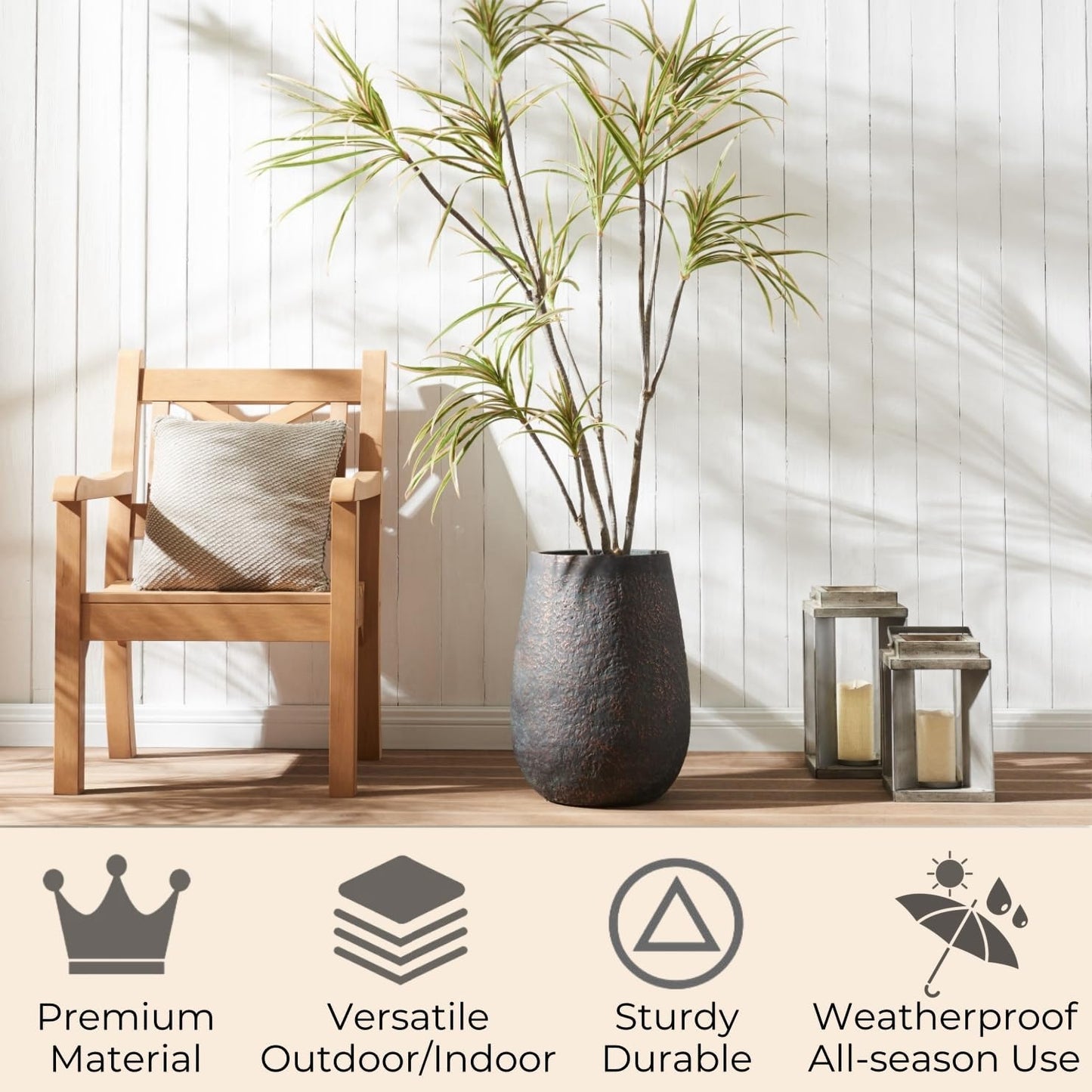 20" H Weathered Concrete Tall Planter, Black Large Outdoor Indoor Decorative Flower Pot with Drainage Hole, Modern Round Style for Home, Garden, Patio, Courtyard, Bronze Rust with Green Tone