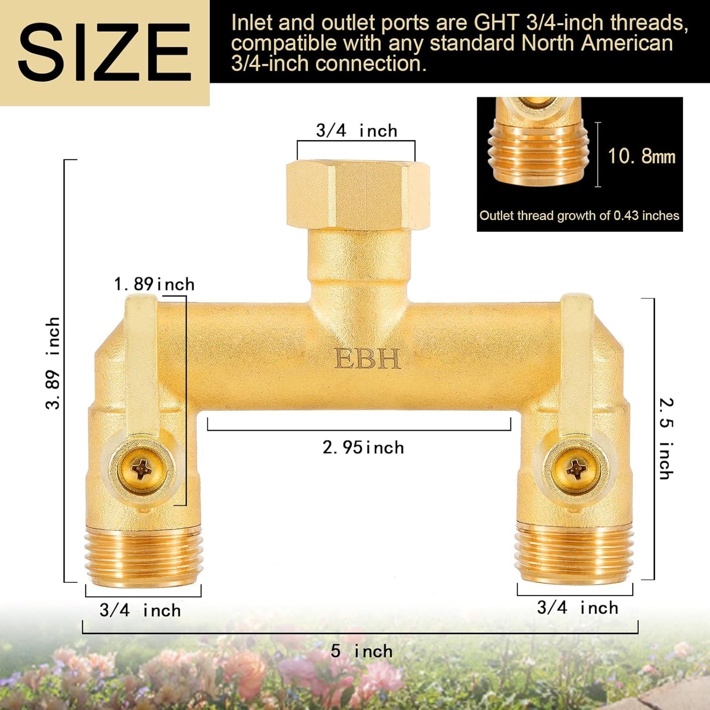 EBH Garden Hose Splitter, Full Flow Outdoor Faucet Splitter, 2-Way High Flow Brass Heavy Duty Hose Splitter with Long Metal Handle。