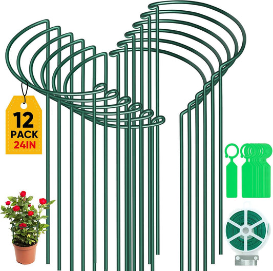 12 Pack Plant Support Stakes, Peony Cages and Supports Large 10" Wide x 24" High Tall Peony Ring Supports, Garden Plant Stakes for Outdoor Plants Rose, Tomato, Hydrangea, Flowers