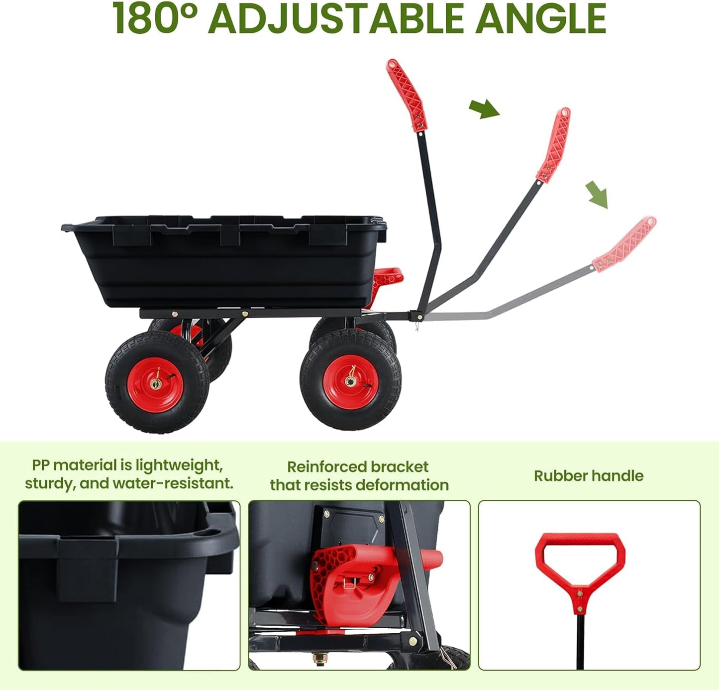 Garden Dump Cart,Heavy Duty 900lbs Poly Wheelbarrow with 10-Inch Tires,180° Rotating Handle,Steel Frame and Quick Release System for Garden,Lawn,Barn,Farm