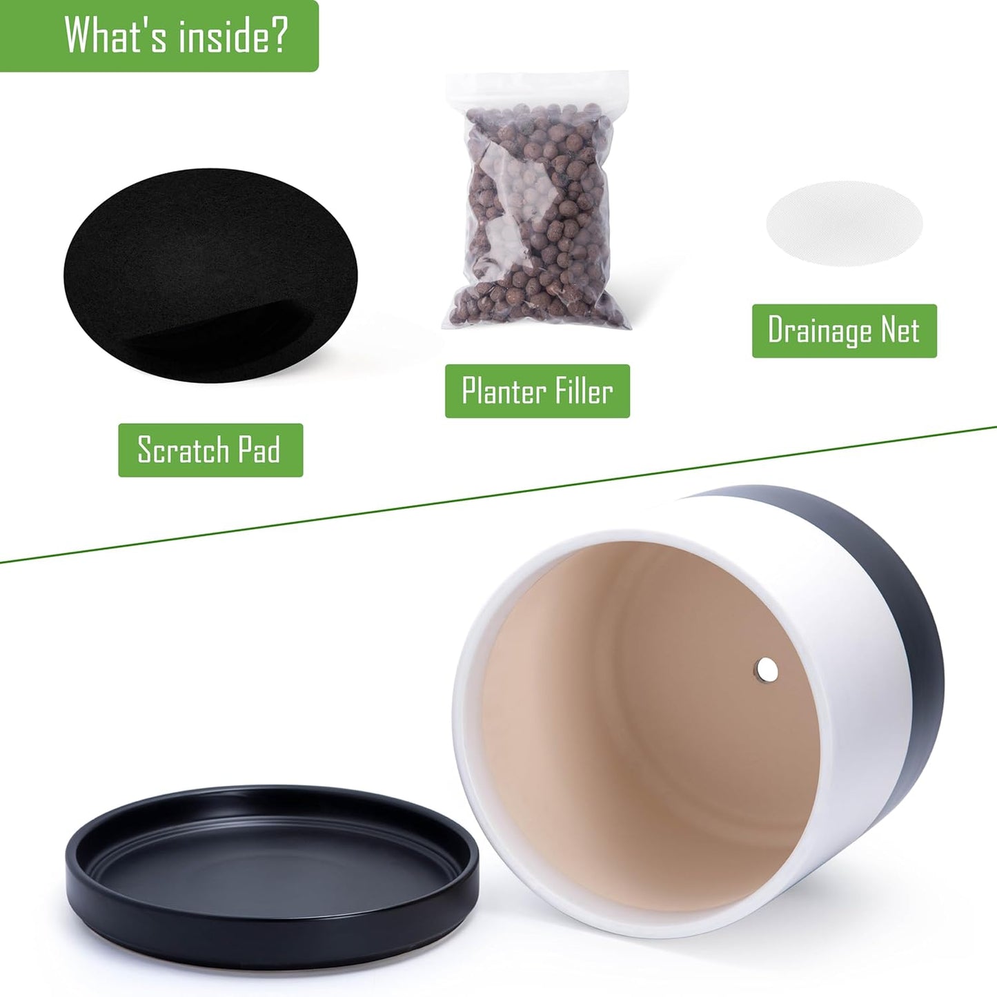 D'vine Dev 14 Inch Ceramic Planter Pot with Drainage Hole and Saucer, Indoor Cylinder Round Planter Pot, Layered Monochrome Black & White, 94-O-G-L