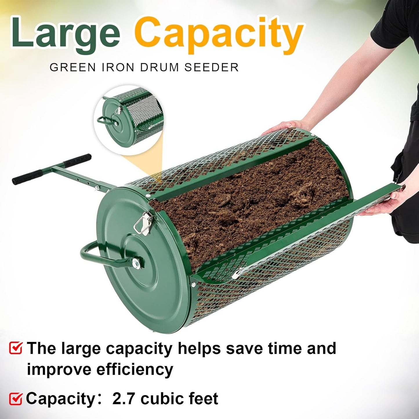 Hiboom 24 Inch Compost Spreader, Peat Moss Spreader, Manure Roller with Adjustable T Shaped Handle, Lightweight Metal Mesh for Lawn Garden Spreading Manure Topsoil (Green)