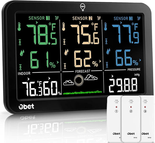 OBET Weather Station Wireless Indoor Outdoor Thermometer with 3 Sensors, Temperature Humidity Monitor with Alerts 500ft Range and 3 Adjustable Brightness