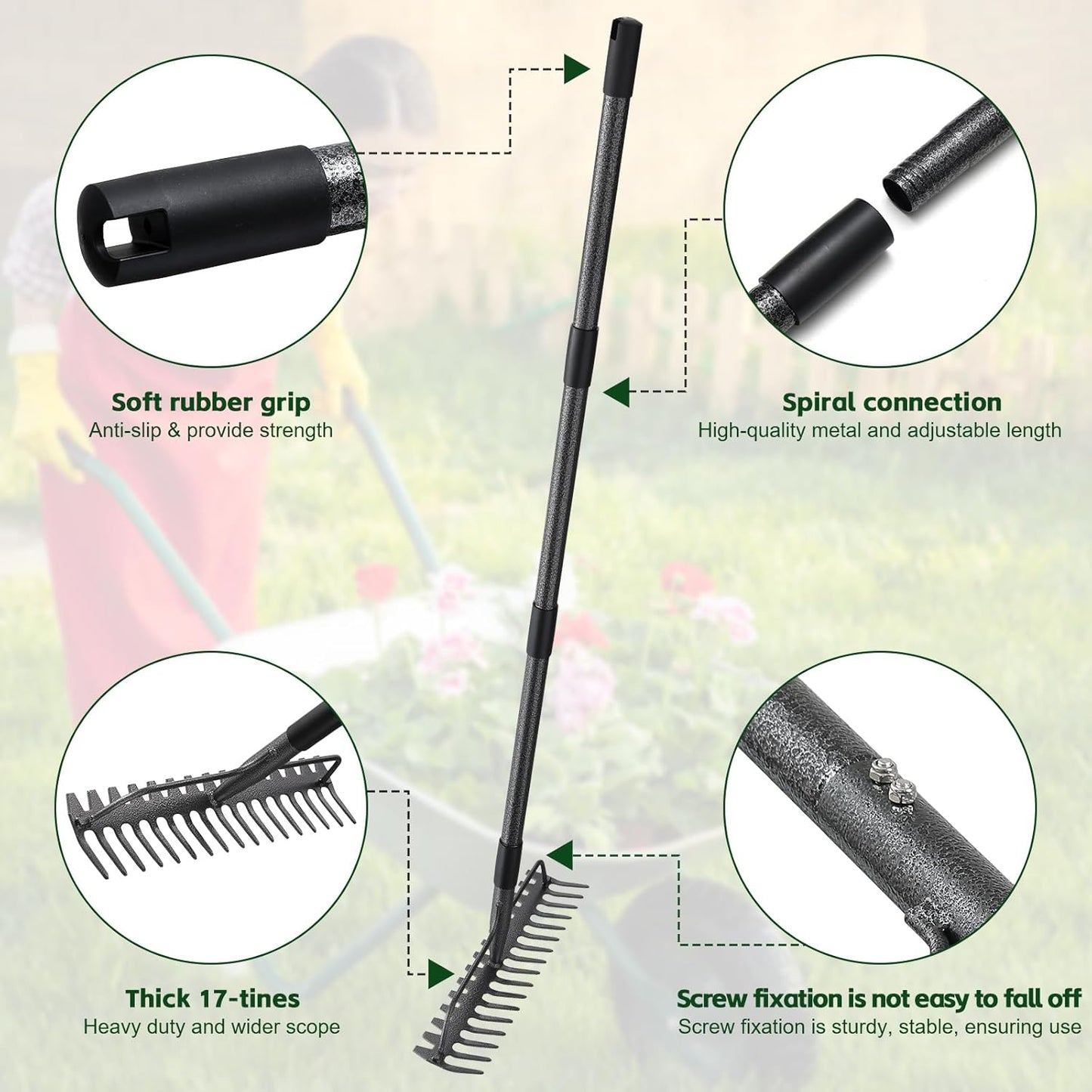 49'' Bow Rake ，17 Tines Metal Head Rakes with Stainless Steel Handle，Heavy Duty Garden Rake for Loosening Soil Gathering Leaf Leveling Lawn Farming Land Management Yarn Thatch Rake