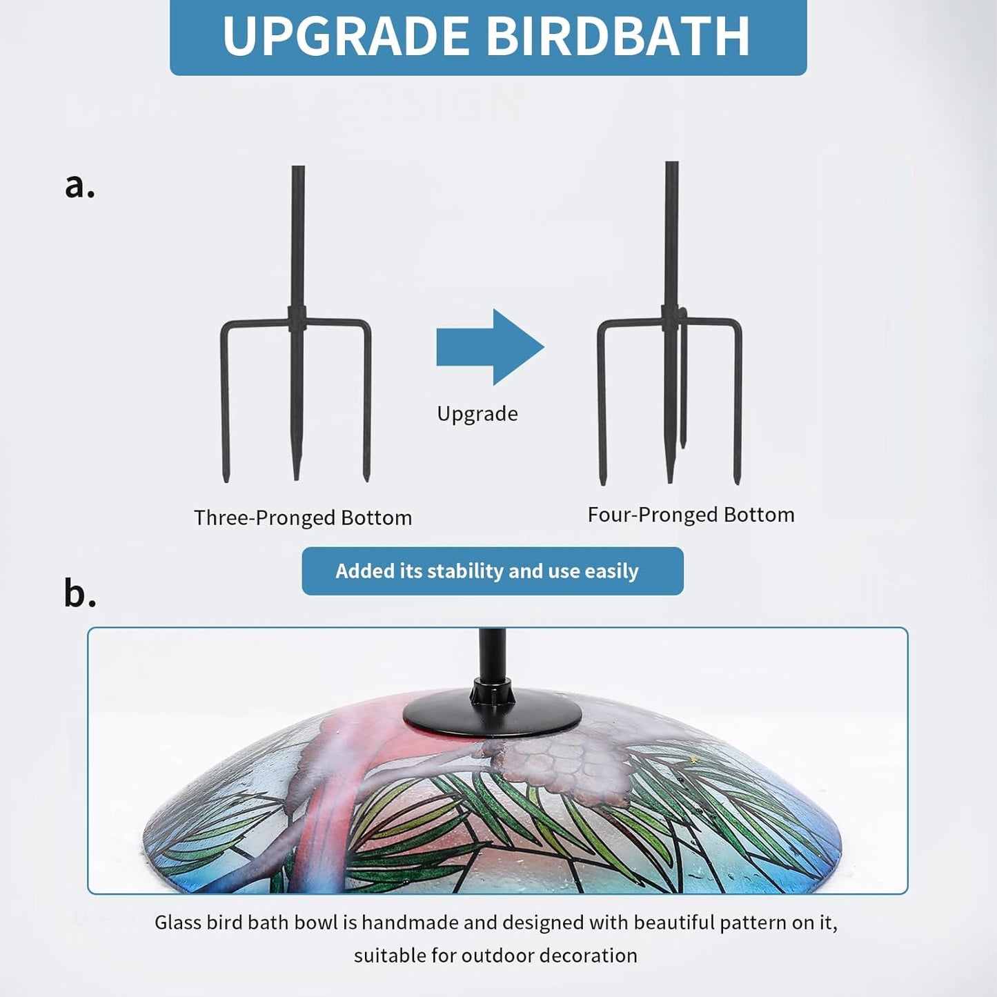 MUMTOP Glass Bird Bath, Garden Outdoor Birdbaths Birdfeeder with Metal Stake Red Cardinal