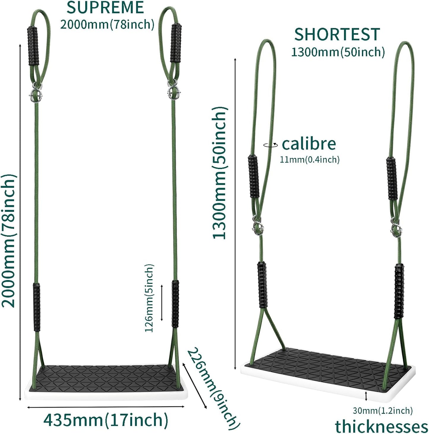 Heavy Duty Swing Seat Non-Slip with Tree Rope Adjustable Swing Set Accessories Replacement for Kids Outdoor Backyard Playground Jungle Gym，Black