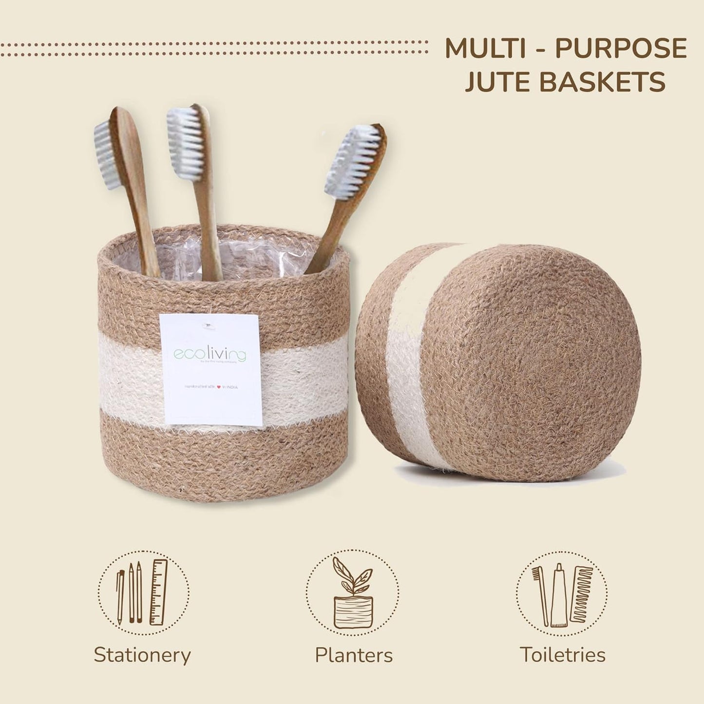 Jute Planter Basket Sustainable Woven Rope Covers for Decorating Indoor/Outdoor Plants Pots 6.5x6.5x6 Inches Ideal Size for 6" Planter-Multi-Purpose Storage Set of 4 White & Natural Jute