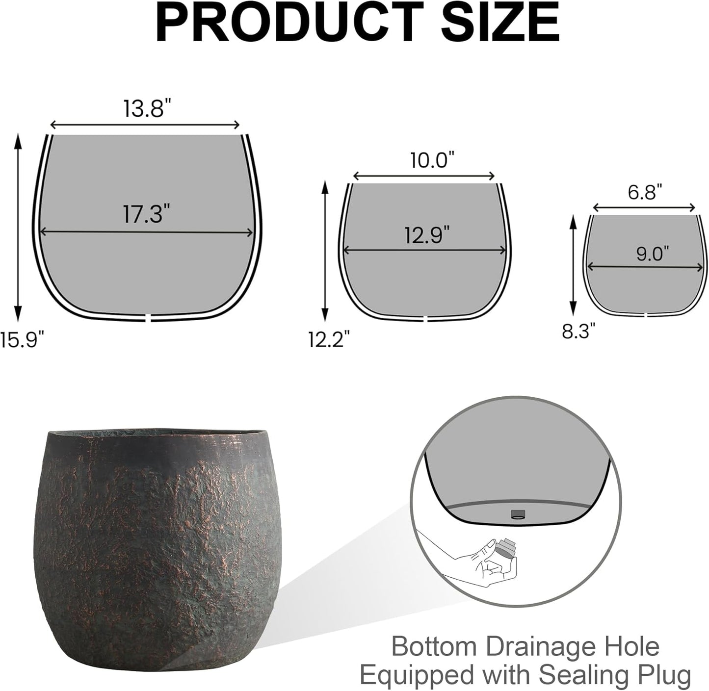 17.3"+12.9"+9.0" Dia Weathered Concrete Flower Pots, Modern Round Style Concrete Planter for Home, Garden, Patio, Courtyard, Bronze Rust Color, Set of 3