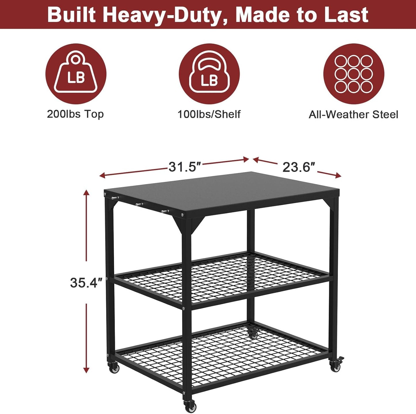 Stainless Steel Pizza Oven Table Cart with Wheels, 3-Shelf Outdoor Grill Stand for Ooni, Blackstone, Ninja Woodfire, Cuisinart and Most Grill – Portable Movable Food Prep Cart & Topping Station