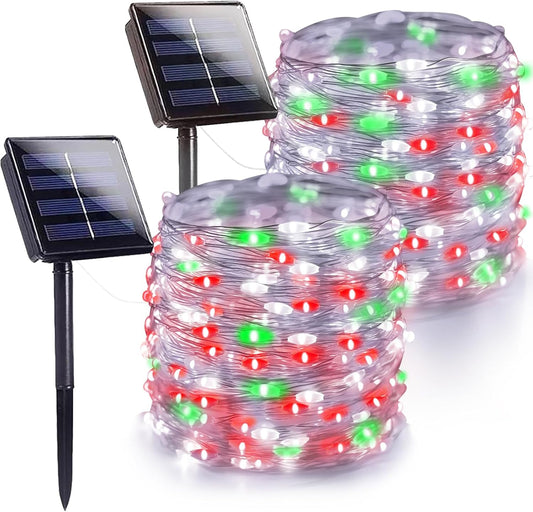Extra-Long 144FT Solar String Lights for Outside, 2 Pack 400LED Solar Fairy Lights Outdoor, Waterproof Copper Wire with 8 Modes Twinkle Lights for Tree Garden Party Xmas Decor (Red White and Green)