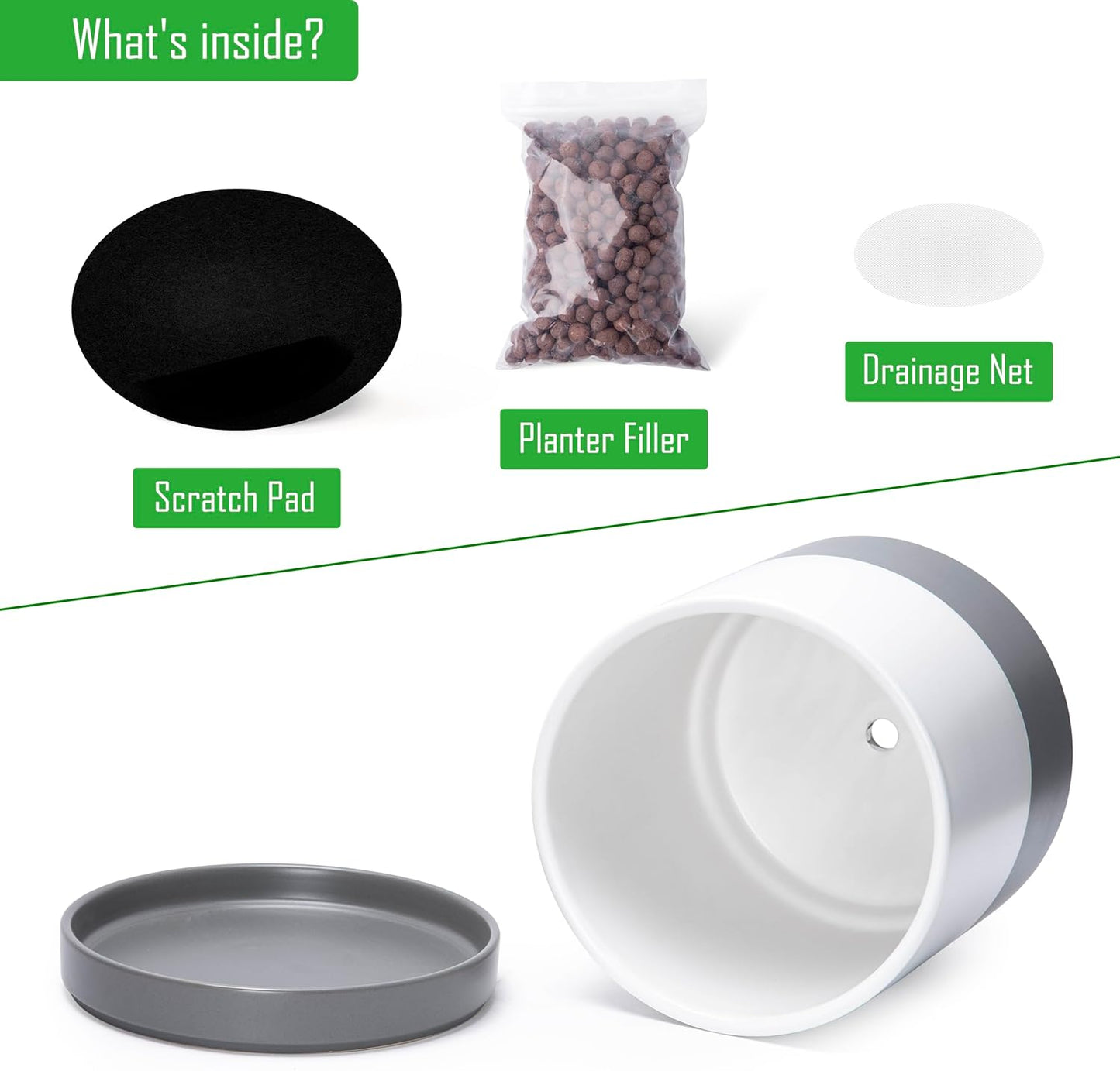 D'vine Dev Set of 2 Plants Pots, 10 Inch Ceramic Planter Pot for Plants with Drainage Hole and Saucer, White/Speckled Grey, 94-V-E-6