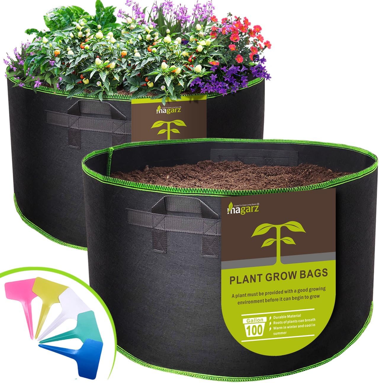 2-Pack 100 Gallon Fabric Flower Pots Garden Felt Grow Bags with Handle (Black)