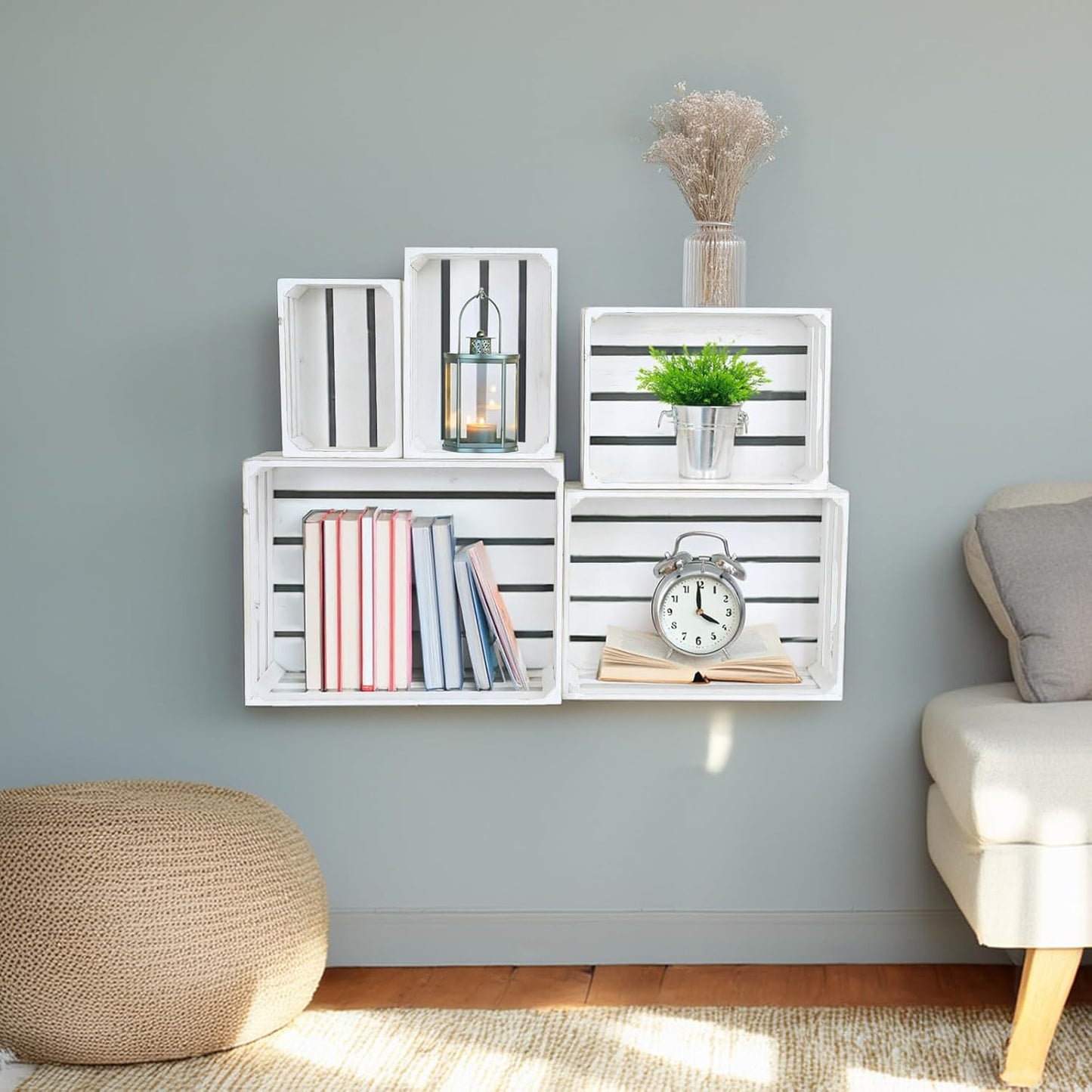 5-Piece Farmhouse Wooden Crate Set - Rustic Wooden Crates for Display and Storage, Large Whitewashed Decorative Crates, Farmhouse Apple Crates, Painted Wood Crates for Decor