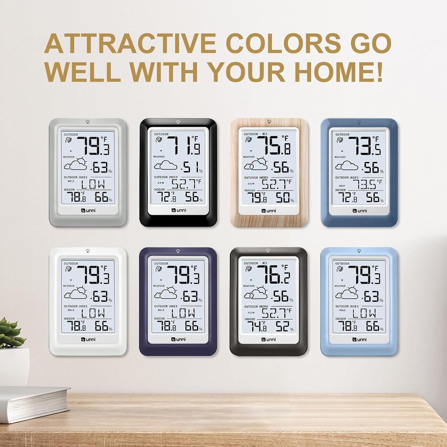 Indoor Outdoor Thermometer Wireless Weather Station, Temperature Humidity Monitor Battery Powered Inside Outside Thermometers with 330ft Range Remote Sensor and Backlight Display (Purple)