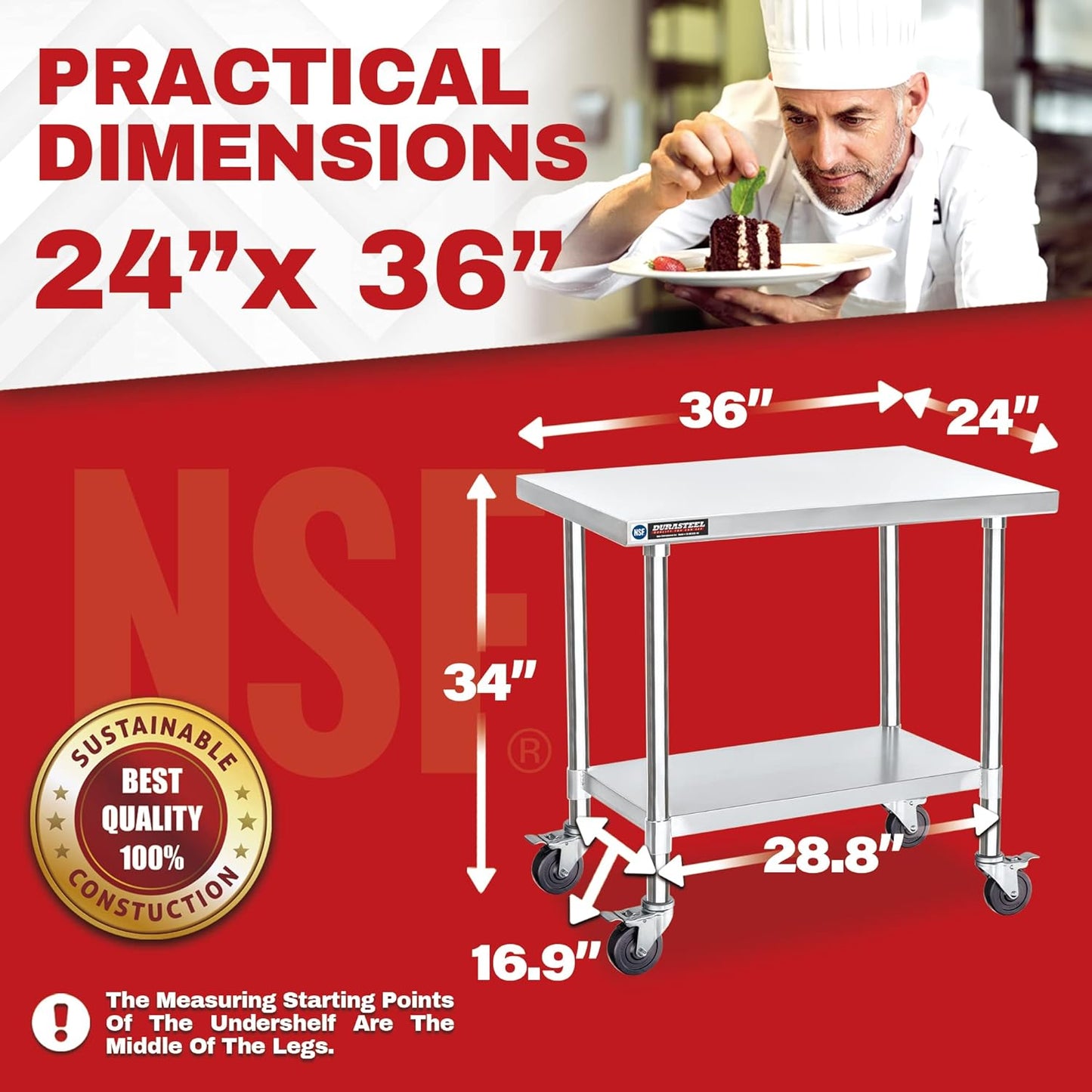 DuraSteel 24x36 NSF Stainless Steel Cart - Heavy Duty Rolling Food Prep Table with Undershelf - Metal Utility Cart for Commercial Restaurant Kitchen, Laundry, Outdoor Portable BBQ Grill