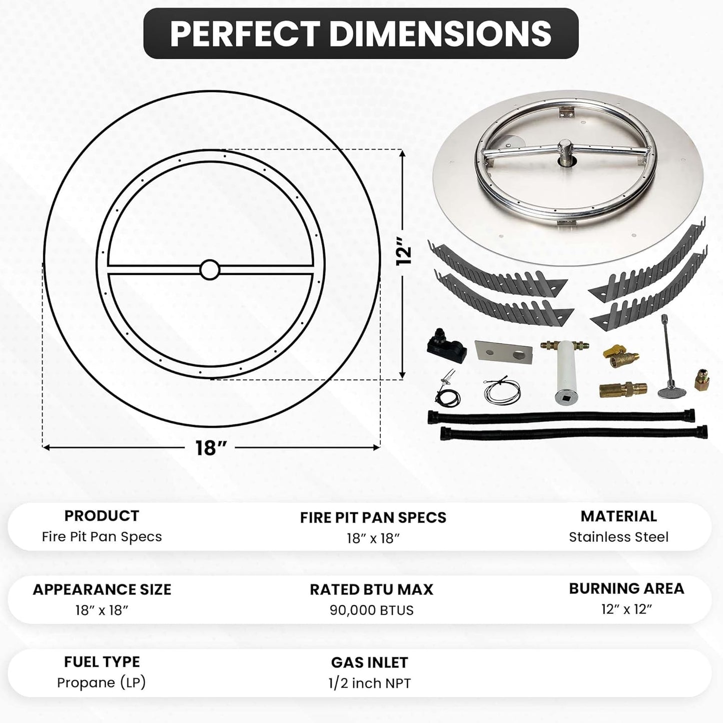 Stainless Steel Fire Pit Burner Pan & Ring Pro Kit for Liquid Propane, 18-Inch Pan, 12-Inch Ring, 90,000 BTU Max