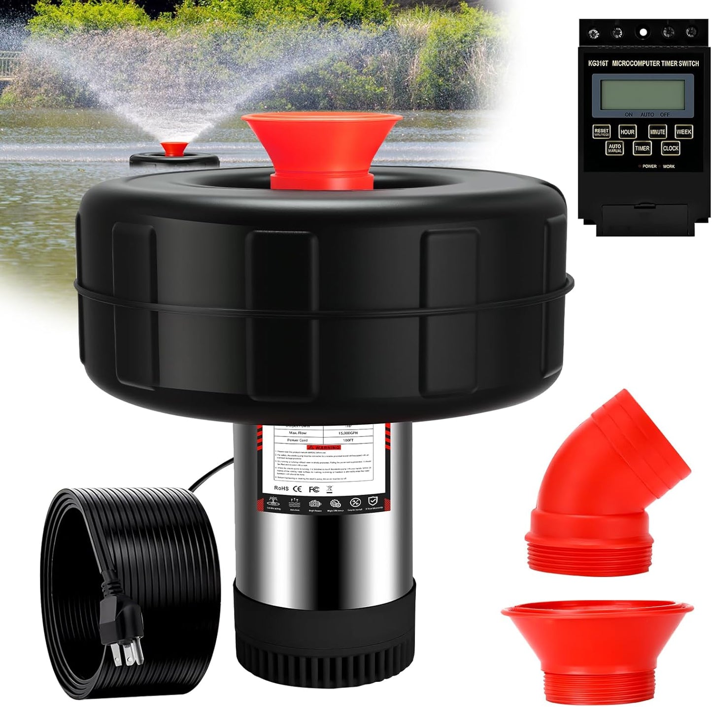 Pond Fountain Aerator, 1HP 10000 GPH Floating Fountain Pump with Timer & 100FT Cord, Stainless Steel Pond Jet System for Large Outdoor Ponds & Lakes