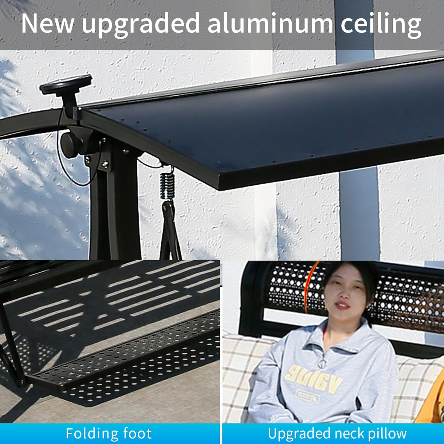 2/3-Seat Outdoor Patio Porch Swing with Adjustable Aluminum Alloy Canopy Solar Patio Swing Chair Bench with Footrest Side Cup Holder for Backyard Lawn (Heart of Ocean-2 Seat)