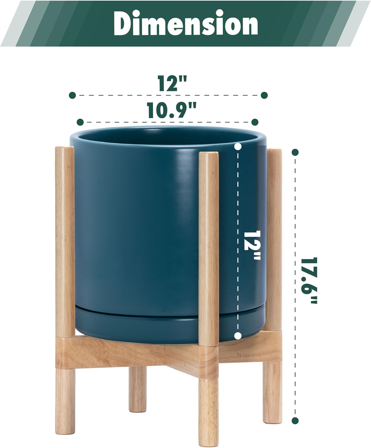 D'vine Dev Ceramic Planter with Natural Stand - 12 Inch Modern Round Flower Pot with Wood Planter Holder, Teal, 55-B-J-4