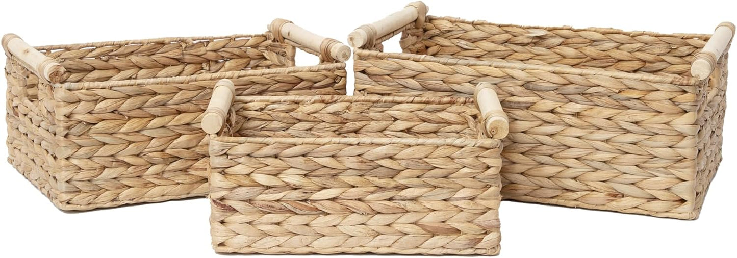Handmade Water Hyacinth Woven Storage Baskets with Wooden Handles, Rectangle Rustic Organizer Set for Home Decor, Kitchen, Bedroom & Office (Set of 3)