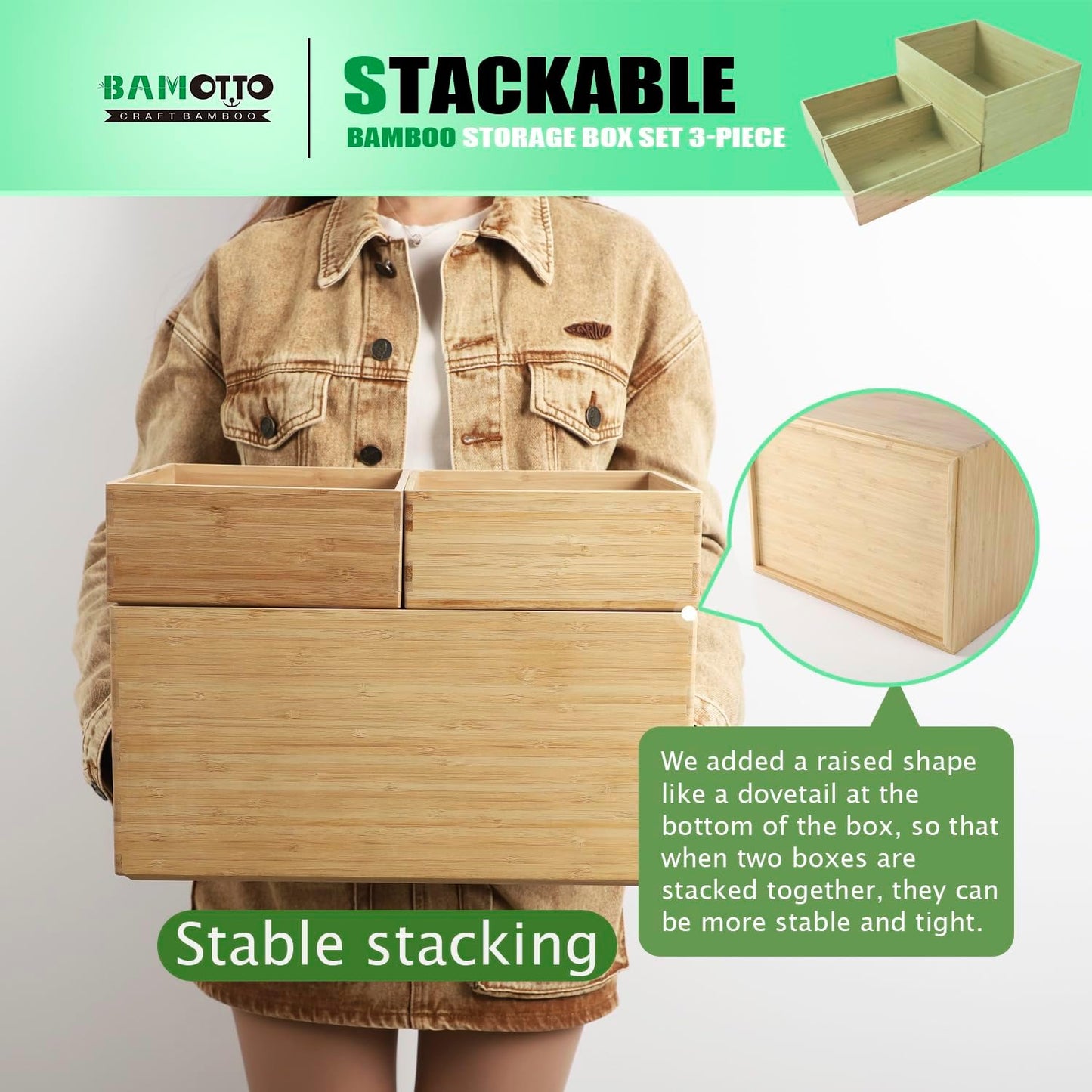 3-Piece Large Bamboo Storage Box Set, 7.1 in High Stackable Deep-Drawer Organizer for Kitchen Cutlery, Utensils & Knives, Exquisite and Durable Lidless Wooden Bin (14.6"x10.2x7.1"*1+10.2"x7.3"x3"*2)