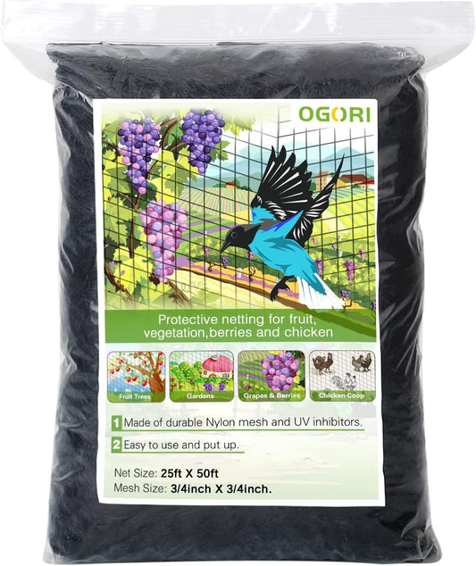 OGORI 25' x 50' Bird Netting Heavy Duty Nylon 3/4" Mesh Garden Netting Protect Fruit Trees, Plants and Vegetables