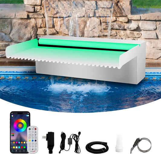 Waterfall Spillway Stainless Steel Pond Waterfalls with Color Changing LED Light, Outdoor Pool Fountain Water Feature Kit for Garden Patio Swimming Pool Koi Ponds Decor-12"x8"x4"
