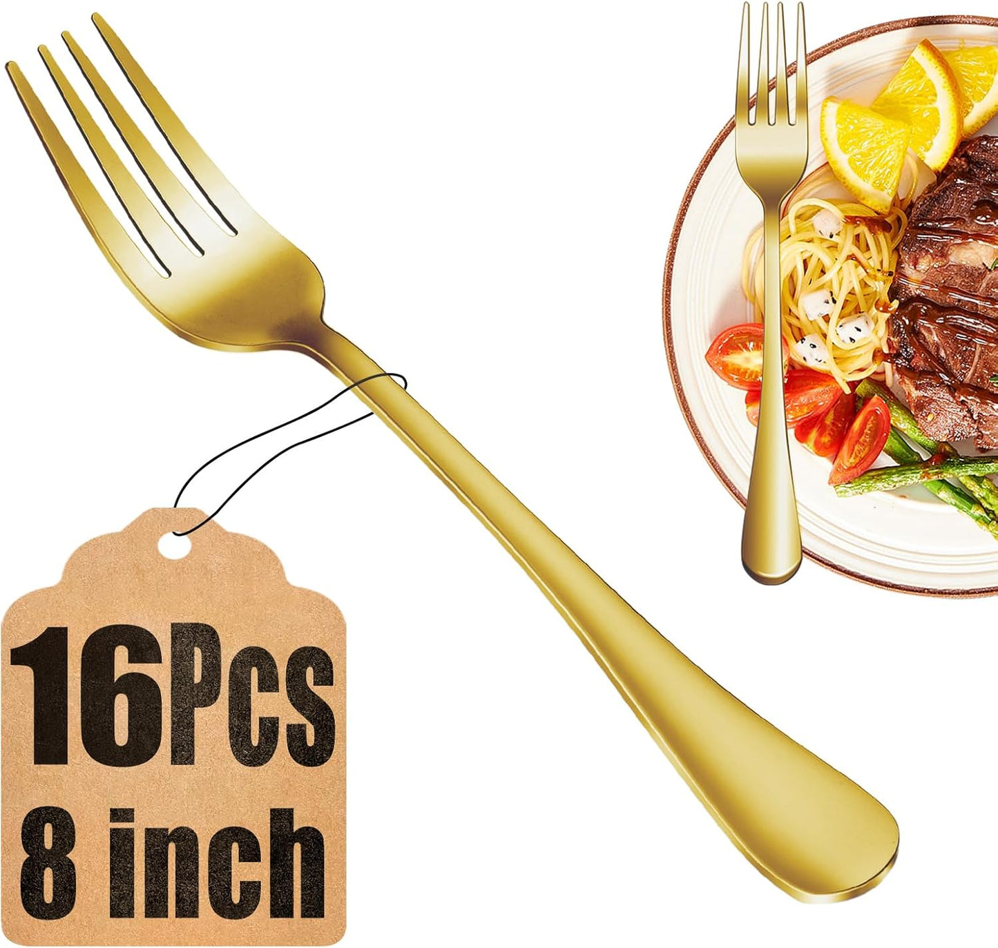 16-Piece Gold Dinner Fork Set, Stainless Steel Silverware, Mirror Polished, Dishwasher Safe - 8 Inch