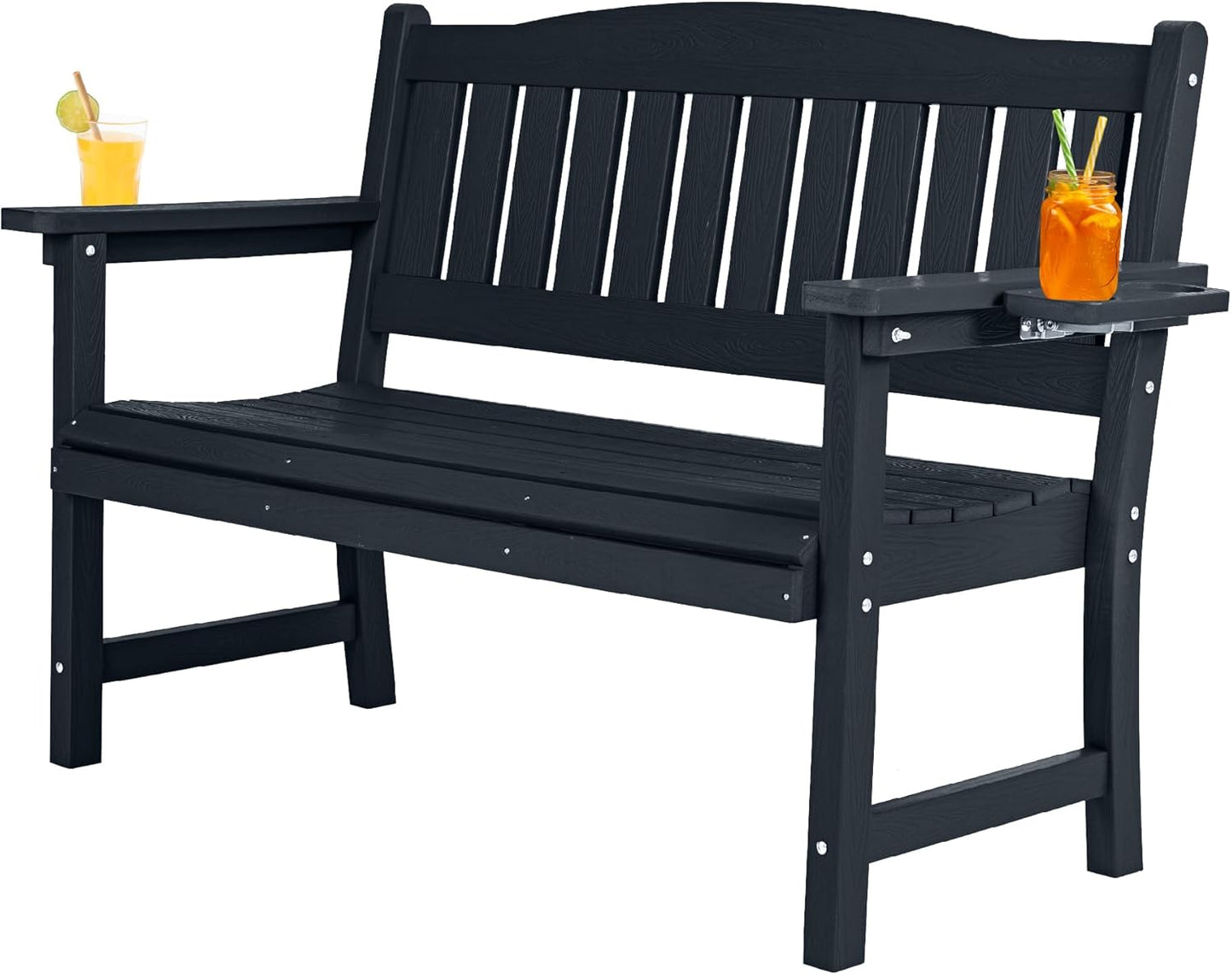 2-Person HIPS Outdoor Bench, Weatherproof Garden Bench with 800 lbs Weight Capacity, Artificial Wood Grains, Never Rot or Fade, Patio Benches for Garden, Porch, Balcony, Backyard,Park, Black