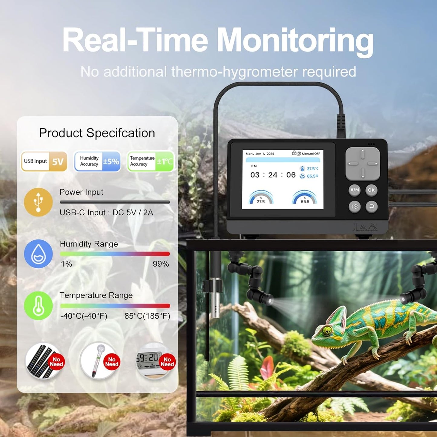 J&A Automatic Mister for Terrariums, Reptile Misting System with Programable Timer, Chameleon Fogger with Adjustable Spray Nozzles, Black